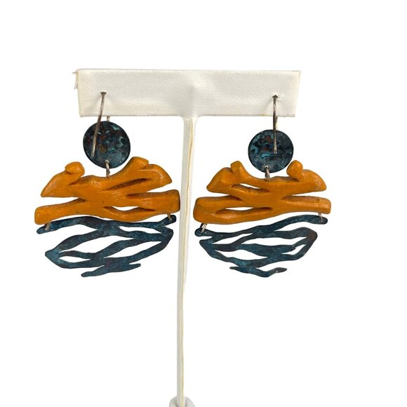 Handcrafted Abstract Art Earrings With Orange & Blue Design Wood and oxidized me - Picture 7 of 7